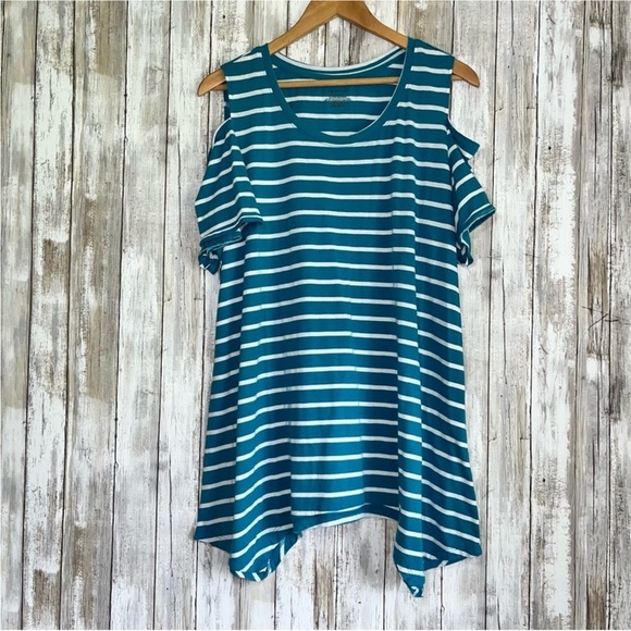 Lane Bryant Tops - Lane Bryant Blue Stripe Open Shoulder Blouse